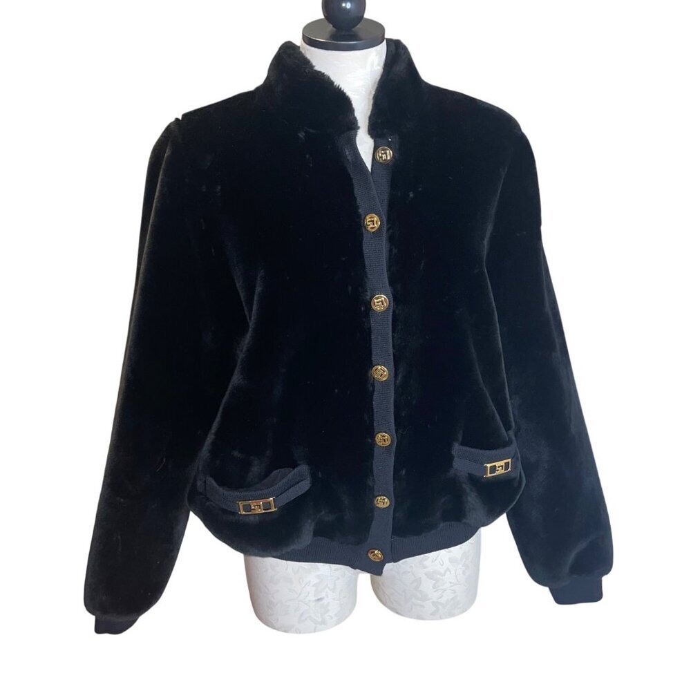 St John Vintage Womens Jacket Size Large Black Bomber Pockets Casual Faux Fur
